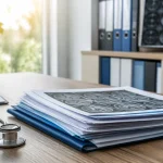 ملفات طبية وتقارير مرتبة على مكتب تقييم